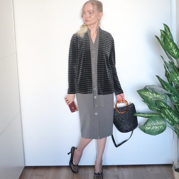 Talbots Grey & Black Striped Open Front Velvet Cardigan - Picture 14 of 16